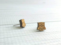 Owl Stud Earrings - small chubby wood birds - surgical stainless steel posts/backs - hypoallergenic cute gift sleeping little owlet - Constant Baubling