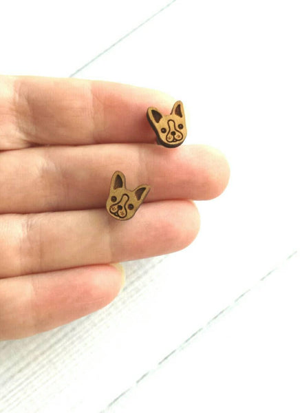 Boston Terrier Earrings, French Bulldog earring, Boston Terrier studs, stainless steel studs, Boston Terrier jewelry, wood dog, dog face - Constant Baubling