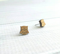 Owl Stud Earrings - small chubby wood birds - surgical stainless steel posts/backs - hypoallergenic cute gift sleeping little owlet - Constant Baubling