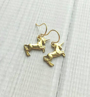 Unicorn Earrings - small gold brass rearing prancing magical mythical creature - fairy tale horse spiral horn - Scotland Scottish symbol - Constant Baubling