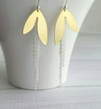 Long Chain Earrings - mixed metal gold/silver leaf petal asymmetrical unique fringe on 925 sterling silver hooks, boho sleek elegant - Constant Baubling