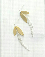 Long Chain Earrings - mixed metal gold/silver leaf petal asymmetrical unique fringe on 925 sterling silver hooks, boho sleek elegant - Constant Baubling