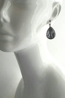 Navy Blue Pink Earrings, hypoallergenic lever back, stainless steel earring, big salmon leaf, pear shape, large navy blue leaves, glass drop - Constant Baubling