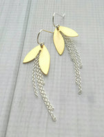 Long Chain Earrings - mixed metal gold/silver leaf petal asymmetrical unique fringe on 925 sterling silver hooks, boho sleek elegant - Constant Baubling