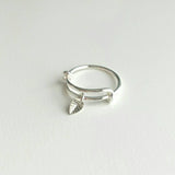 Silver Leaf Ring, adjustable ring, bangle bracelet style ring, tiny charm dangle, celebrity trend, single loop size 5 6 7 8 9 band gift her - Constant Baubling