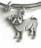 Pug Bracelet - silver bangle adjustable double loop pet dog charm - personalized letter initial monogram - fawn black flat squish face baby - Constant Baubling
