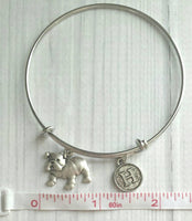 English Bulldog Bracelet - adjustable silver bangle double loop pet dog charm - personalized letter - flat face puppy British mascot snort - Constant Baubling