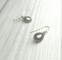 Small Silver Drop Earrings - antique black accent Bali beaded ethnic design - little simple ball dot edge - Boho Bohemian teardrop - Constant Baubling