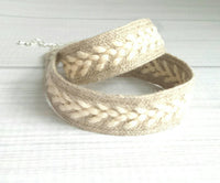 Wide Wrap Bracelet, braided bracelet, double wrap, oatmeal beige cream white, sweater bracelet, silver adjustable, arrow bracelet knit style - Constant Baubling