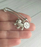 English Bulldog Bracelet - adjustable silver bangle double loop pet dog charm - personalized letter - flat face puppy British mascot snort - Constant Baubling