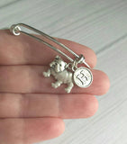 English Bulldog Bracelet - adjustable silver bangle double loop pet dog charm - personalized letter - flat face puppy British mascot snort - Constant Baubling