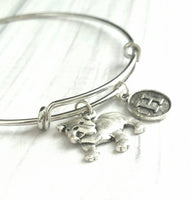 English Bulldog Bracelet - adjustable silver bangle double loop pet dog charm - personalized letter - flat face puppy British mascot snort - Constant Baubling