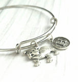 English Bulldog Bracelet - adjustable silver bangle double loop pet dog charm - personalized letter - flat face puppy British mascot snort - Constant Baubling