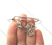 Spider Web Bracelet, spider bracelet, Halloween bracelet Halloween jewelry, spider jewelry, arachnid jewelry, silver spider bangle spiderweb - Constant Baubling