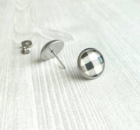 Buffalo Plaid Earrings - black white check flannel winter pattern print under glass - stainless steel hypoallergenic studs - ivory cream - Constant Baubling