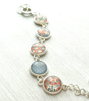 Moroccan Bracelet - silver glass charm disk bezel - grey/orange red fancy swirl damask gray polka dot print toggle clasp - gift for her - Constant Baubling