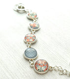Moroccan Bracelet - silver glass charm disk bezel - grey/orange red fancy swirl damask gray polka dot print toggle clasp - gift for her - Constant Baubling