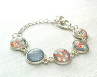 Moroccan Bracelet - silver glass charm disk bezel - grey/orange red fancy swirl damask gray polka dot print toggle clasp - gift for her - Constant Baubling