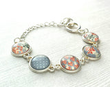 Moroccan Bracelet - silver glass charm disk bezel - grey/orange red fancy swirl damask gray polka dot print toggle clasp - gift for her - Constant Baubling