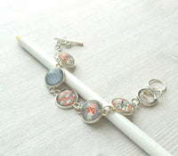 Moroccan Bracelet - silver glass charm disk bezel - grey/orange red fancy swirl damask gray polka dot print toggle clasp - gift for her - Constant Baubling