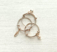 Rose Gold Ring - adjustable pink bangle bracelet style - choose tiny dainty charm dangle ball feather leaf cone - wire loop 5 6 7 8 9 band - Constant Baubling