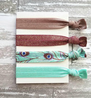 Peacock Hair Accessory Set - tie band elastic stretch knot ponytail ribbon - feather print aqua turquoise blue mauve purple sparkle wine - Constant Baubling