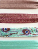 Peacock Hair Accessory Set - tie band elastic stretch knot ponytail ribbon - feather print aqua turquoise blue mauve purple sparkle wine - Constant Baubling