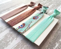 Peacock Hair Accessory Set - tie band elastic stretch knot ponytail ribbon - feather print aqua turquoise blue mauve purple sparkle wine - Constant Baubling