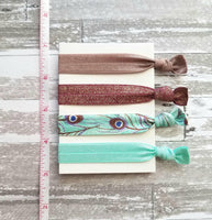 Peacock Hair Accessory Set - tie band elastic stretch knot ponytail ribbon - feather print aqua turquoise blue mauve purple sparkle wine - Constant Baubling