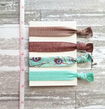 Peacock Hair Accessory Set - tie band elastic stretch knot ponytail ribbon - feather print aqua turquoise blue mauve purple sparkle wine - Constant Baubling