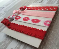 Valentine Hair Tie Set, Valentine ties, Valentine ponytail holder, Valentine hair band, kiss accessories, love gift, red pink hair elastic - Constant Baubling