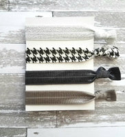 Neutral Hair Tie Set, black white houndstooth, silver sparkle band, glitter tie, metallic grey, elastic band, simple knot ponytail holder - Constant Baubling