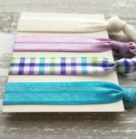 Spring Plaid Hair Set - turquoise aqua blue/lilac purple check/green/white glitter sparkle elastic tie band bow Easter ponytail holder - Constant Baubling