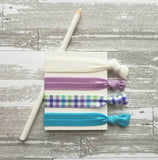 Spring Plaid Hair Set - turquoise aqua blue/lilac purple check/green/white glitter sparkle elastic tie band bow Easter ponytail holder - Constant Baubling