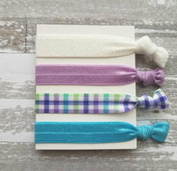 Spring Plaid Hair Set - turquoise aqua blue/lilac purple check/green/white glitter sparkle elastic tie band bow Easter ponytail holder - Constant Baubling