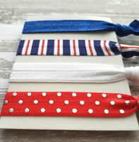 Red White Blue Hair Elastic Set - patriotic stripe polka dot 4th of July nautical theme cobalt sparkle tie band bow ponytail gift women girl - Constant Baubling