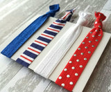 Red White Blue Hair Elastic Set - patriotic stripe polka dot 4th of July nautical theme cobalt sparkle tie band bow ponytail gift women girl - Constant Baubling