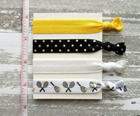 Tennis Hair Elastic Set, tennis ponytail holder, tennis hair band, tennis hair elastic, black yellow hair tie, polka dot hair set, accessory - Constant Baubling