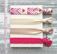 Pink Tribal Hair Band Set - elastic ruffle tie knot bow ponytail holder - no crease gentle fine thick ribbon - Aztec geometric chevron white - Constant Baubling