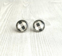 Buffalo Plaid Earrings - black white check flannel winter pattern print under glass - stainless steel hypoallergenic studs - ivory cream - Constant Baubling