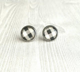 Buffalo Plaid Earrings - black white check flannel winter pattern print under glass - stainless steel hypoallergenic studs - ivory cream - Constant Baubling