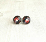 Lumberjack Earrings - red black white buffalo check winter flannel style stainless steel hypoallergenic stud - print under glass small round - Constant Baubling