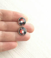 Lumberjack Earrings - red black white buffalo check winter flannel style stainless steel hypoallergenic stud - print under glass small round - Constant Baubling