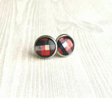 Lumberjack Earrings - red black white buffalo check winter flannel style stainless steel hypoallergenic stud - print under glass small round - Constant Baubling