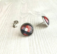 Lumberjack Earrings - red black white buffalo check winter flannel style stainless steel hypoallergenic stud - print under glass small round - Constant Baubling