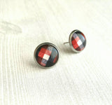 Lumberjack Earrings - red black white buffalo check winter flannel style stainless steel hypoallergenic stud - print under glass small round - Constant Baubling