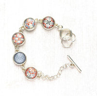 Moroccan Bracelet - silver glass charm disk bezel - grey/orange red fancy swirl damask gray polka dot print toggle clasp - gift for her - Constant Baubling