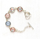 Moroccan Bracelet - silver glass charm disk bezel - grey/orange red fancy swirl damask gray polka dot print toggle clasp - gift for her - Constant Baubling