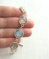 Moroccan Bracelet - silver glass charm disk bezel - grey/orange red fancy swirl damask gray polka dot print toggle clasp - gift for her - Constant Baubling