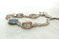 Moroccan Bracelet - silver glass charm disk bezel - grey/orange red fancy swirl damask gray polka dot print toggle clasp - gift for her - Constant Baubling